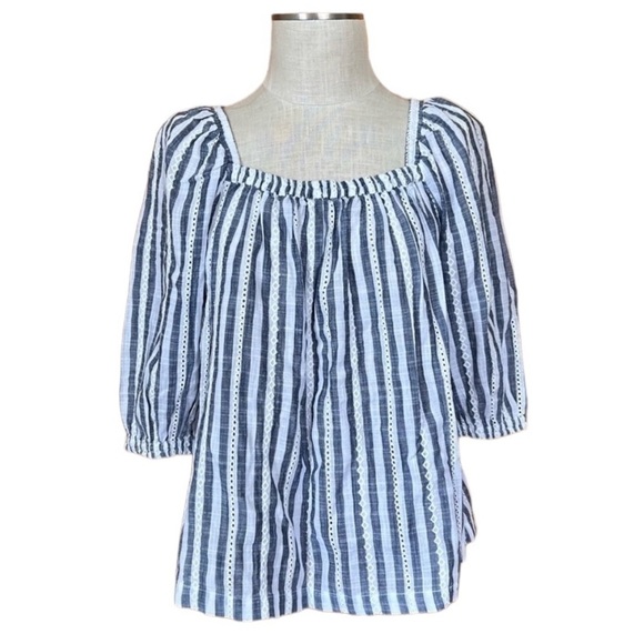 NWT Cafe Marrakesh Blue White Stripe Eyelet Elbow Length Square Neck Shirt Boho - Picture 2 of 9